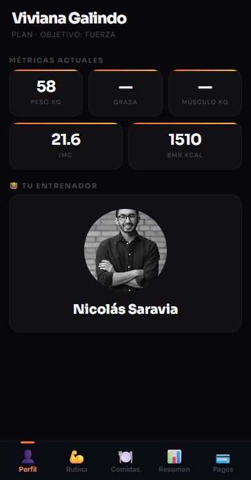 Perfil del atleta con métricas y tarjeta del entrenador