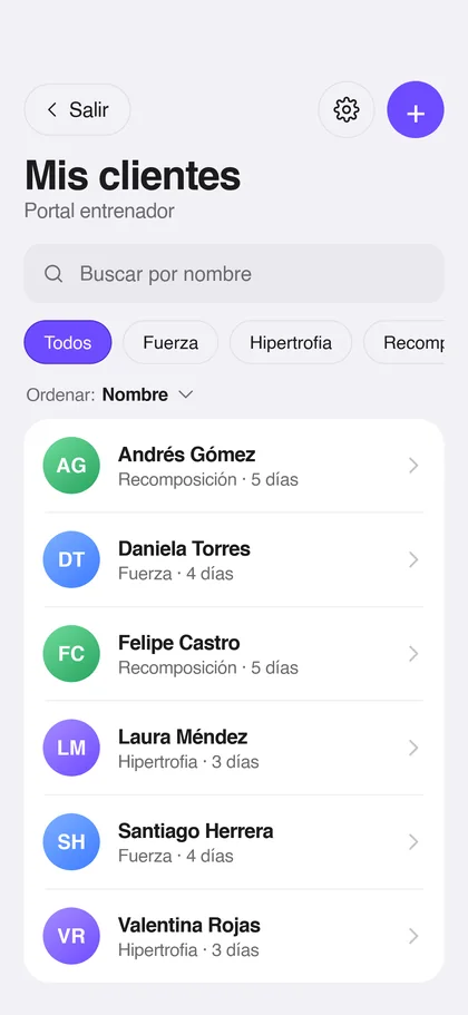 Portal del entrenador: lista de clientes